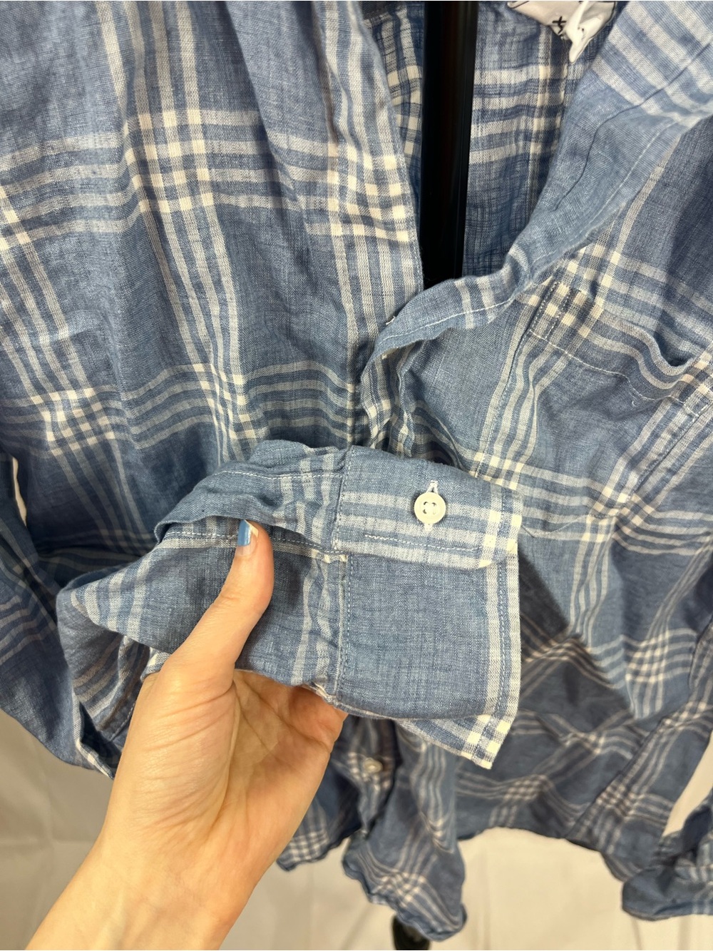 Frank & Eileen Barry Italian Linen Blue Plaid Button Down Shirt Size Large - Picture 7 of 9